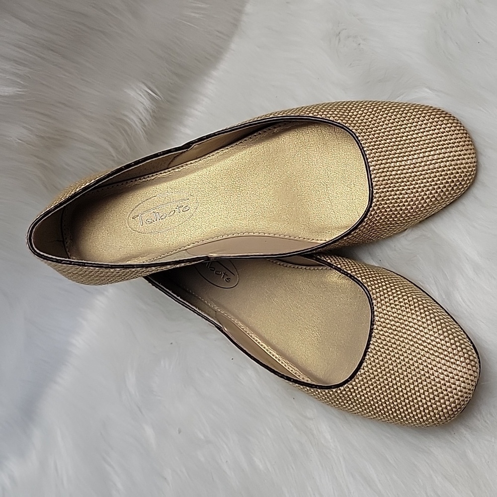 TALBOTS Gold‎ Cream Metallic Tweed Woven Square Toe Preppy Office Ballet Flats 6